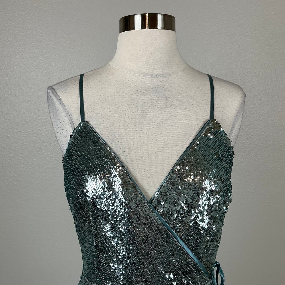 Aidan Mattox Mint Green/Blue Evening Gown Sequined Sleeveless Wrap Dress Size 8 - Picture 8 of 13